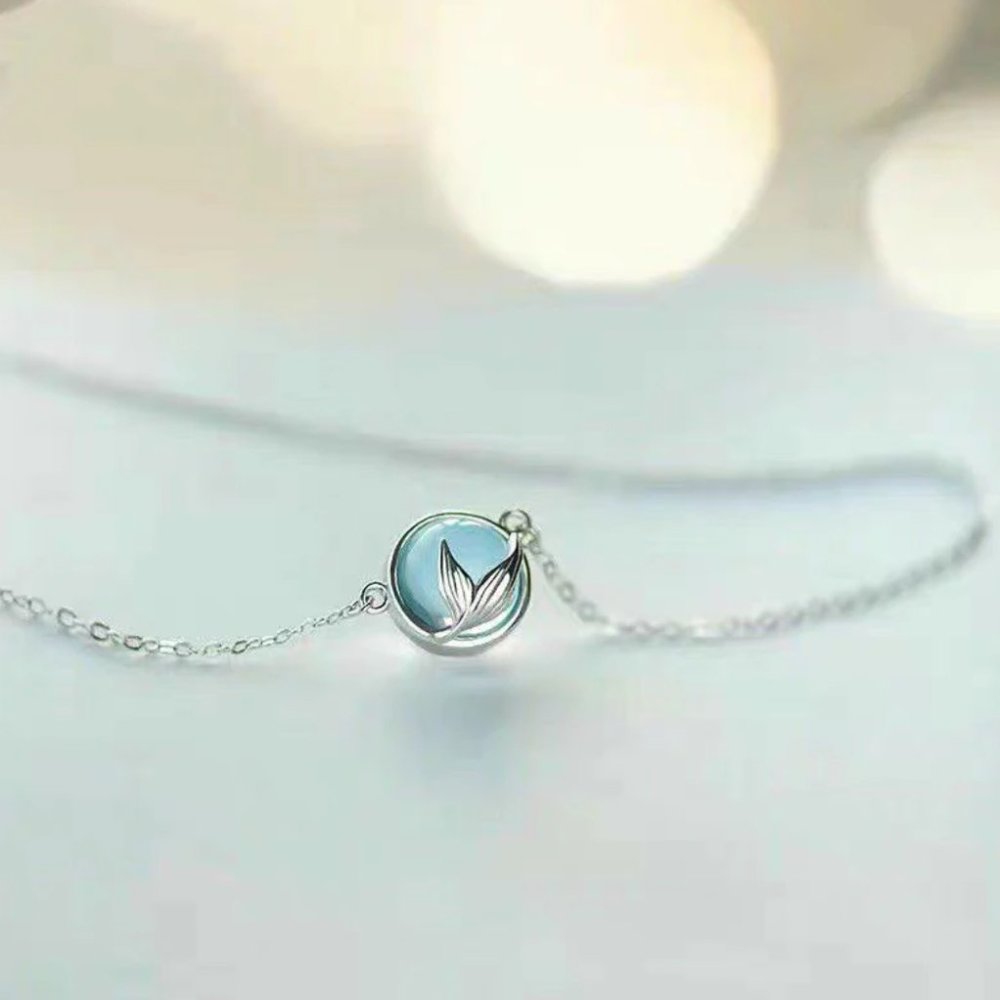 925 Sterling Silver Mermaid Tail Blue Crystal Necklace -  New